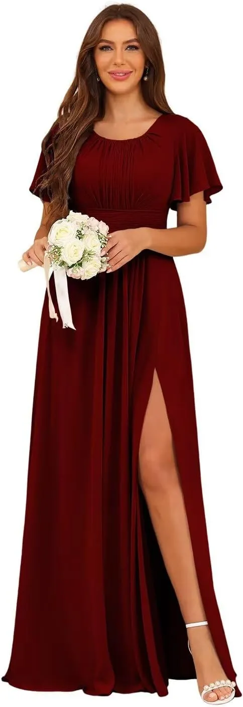 YMSHA A Line Chiffon Pleated Bridesmaid Dresses Short Sleeve Formal Party Dress YMS377