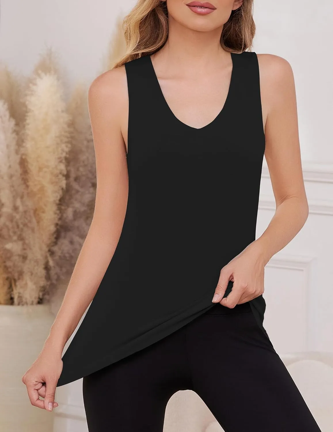 YYA 2 Pack Basic Tank Tops for Women Thermal Square&V Neck Vest Warm Tank-Top Sleeveless Camisole Lingerie, S-XXL