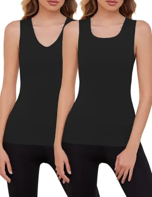 YYA 2 Pack Basic Tank Tops for Women Thermal Square&V Neck Vest Warm Tank-Top Sleeveless Camisole Lingerie, S-XXL