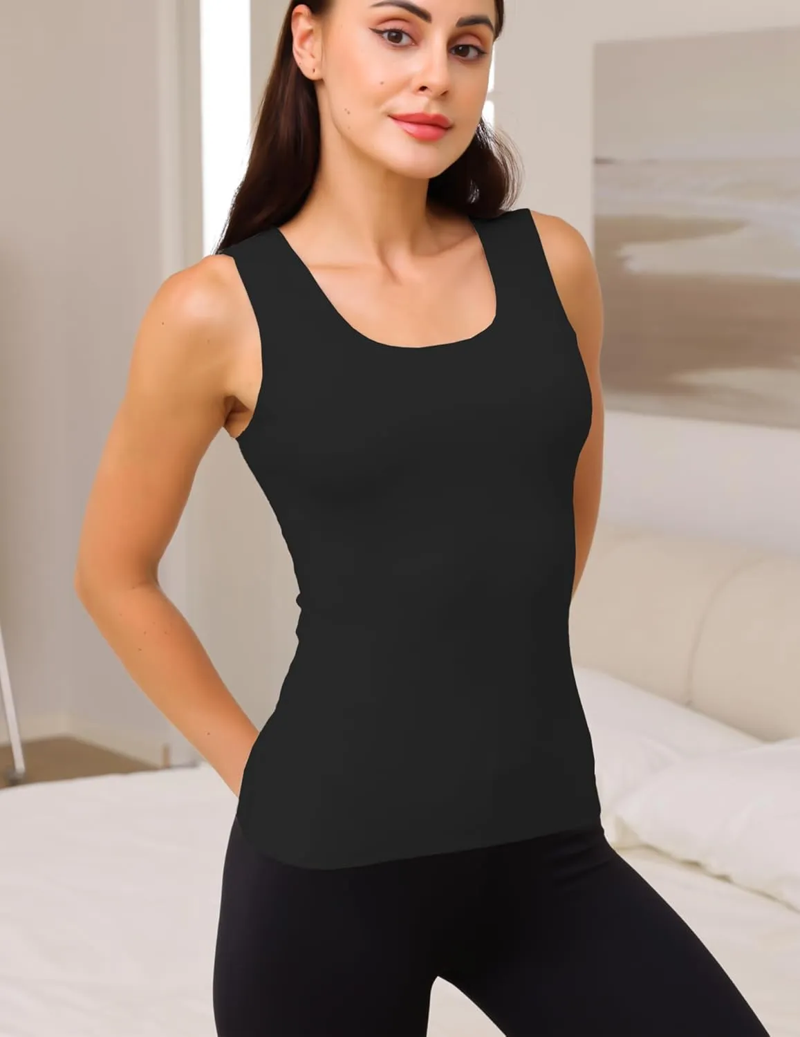 YYA 2 Pack Basic Tank Tops for Women Thermal Square&V Neck Vest Warm Tank-Top Sleeveless Camisole Lingerie, S-XXL
