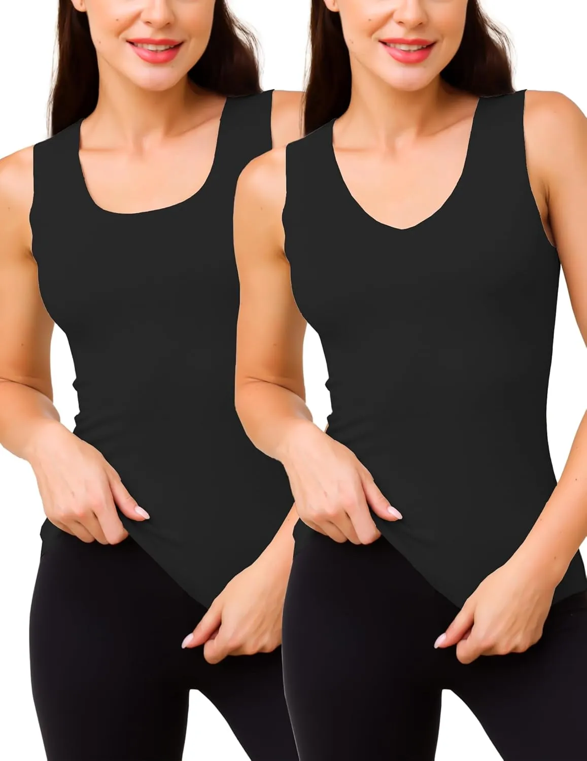 YYA 2 Pack Basic Tank Tops for Women Thermal Square&V Neck Vest Warm Tank-Top Sleeveless Camisole Lingerie, S-XXL