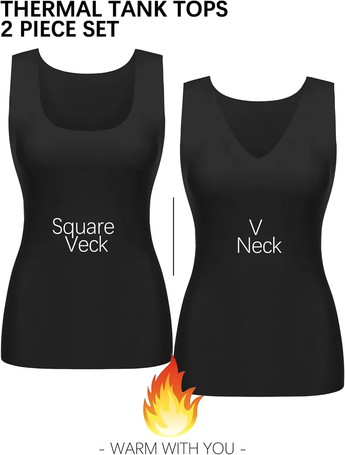 YYA 2 Pack Basic Tank Tops for Women Thermal Square&V Neck Vest Warm Tank-Top Sleeveless Camisole Lingerie, S-XXL