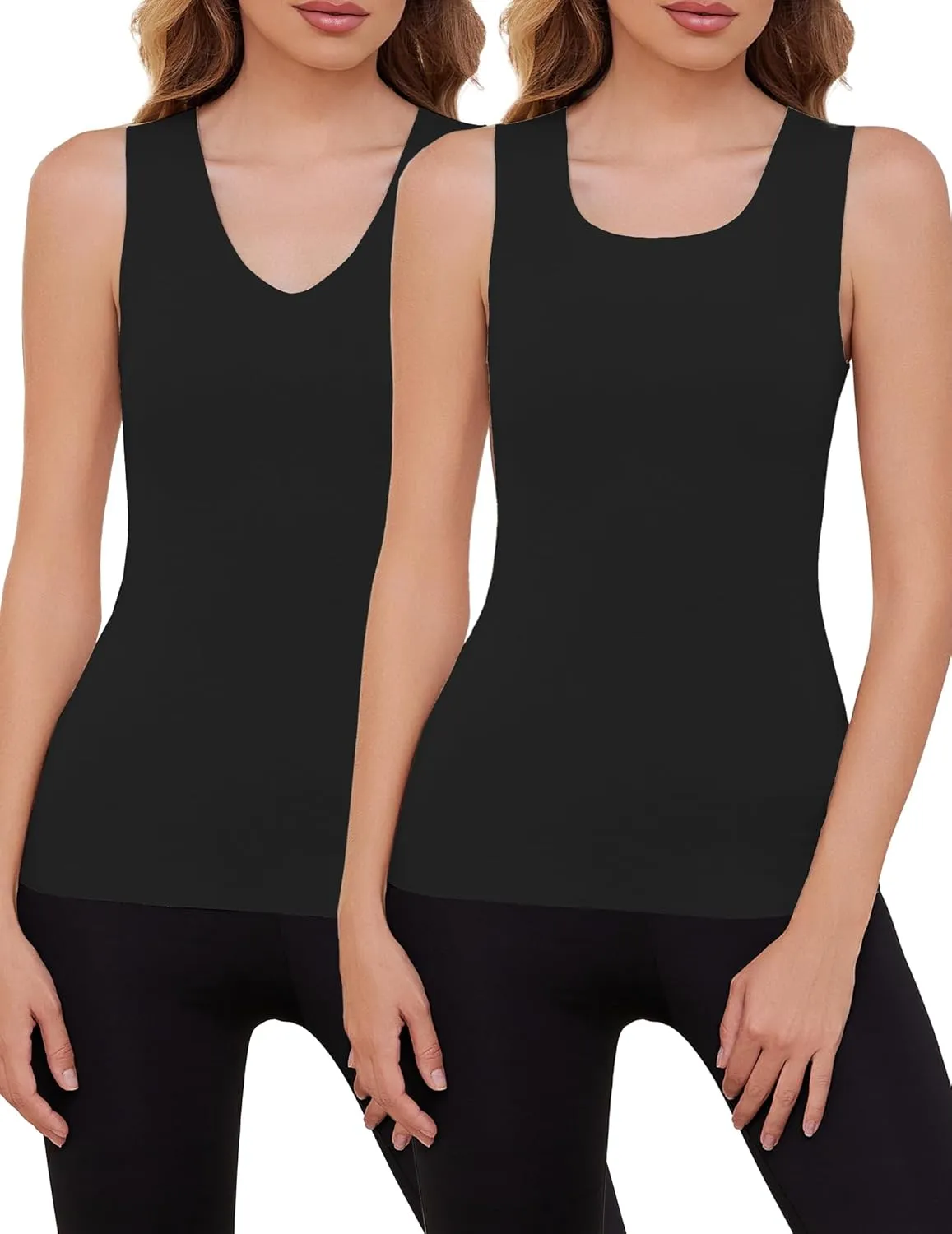 YYA 2 Pack Basic Tank Tops for Women Thermal Square&V Neck Vest Warm Tank-Top Sleeveless Camisole Lingerie, S-XXL